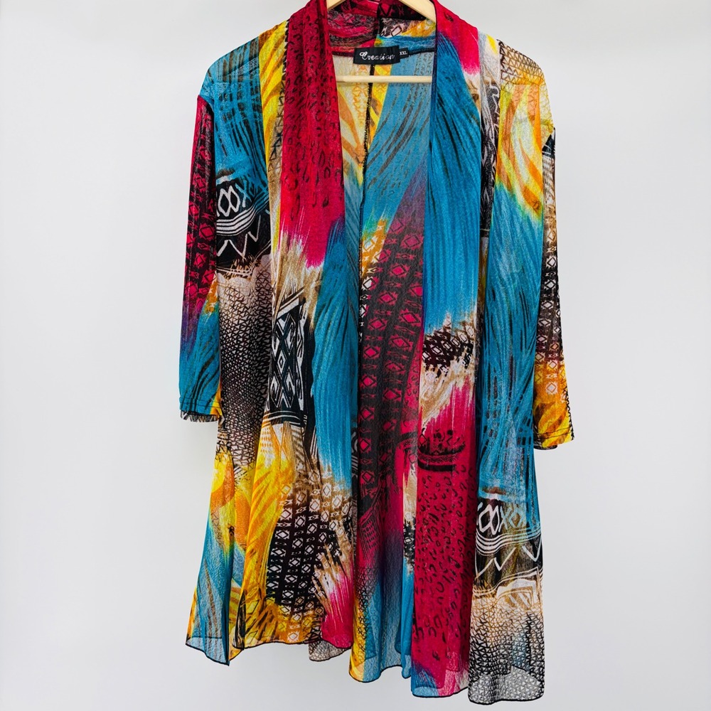 Creation Womens XXL Abstract Multi-Color Open Front Mesh Cardigan Duster Boho
